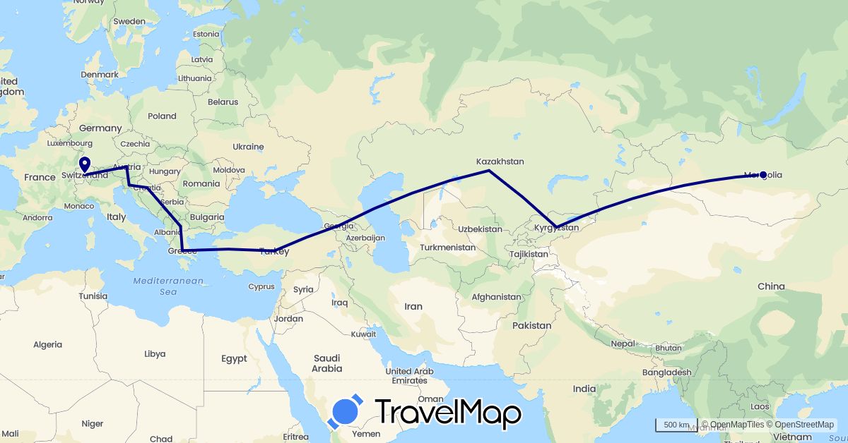 TravelMap itinerary: driving in Austria, Switzerland, Georgia, Greece, Croatia, Kyrgyzstan, Kazakhstan, Macedonia, Mongolia, Slovenia, Turkey (Asia, Europe)
